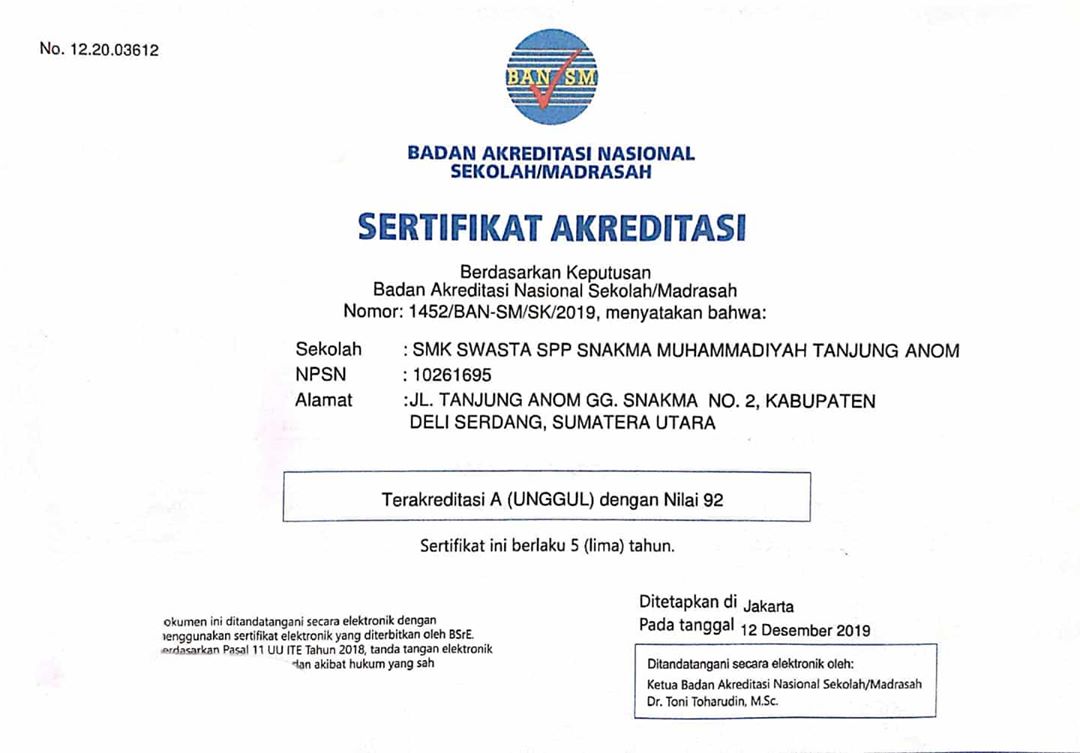Akreditasi SMK SWASTA SPP SNAKMA Muhammadiyah Tanjung Anom